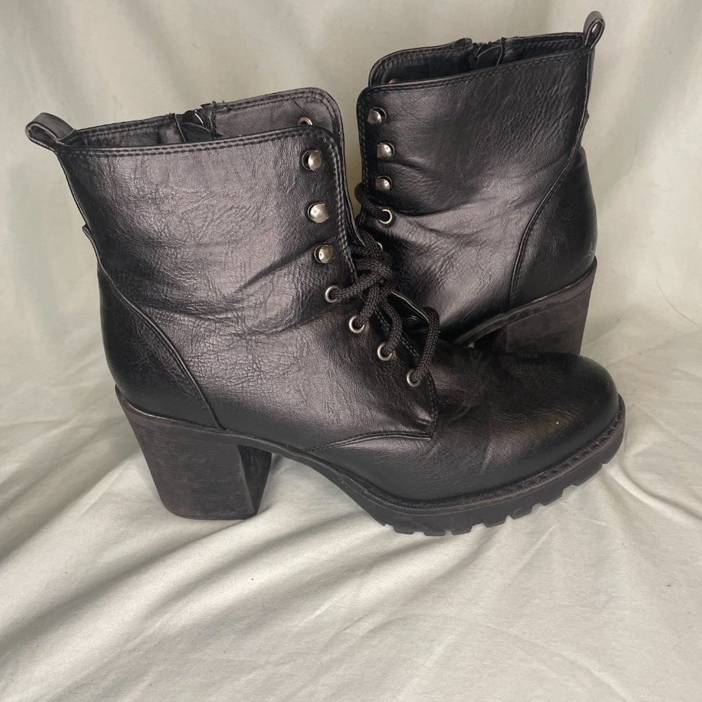 Black Combat Boots Chunky Heel Lace Up Zipper Closure Women 10 - Cathy Jean